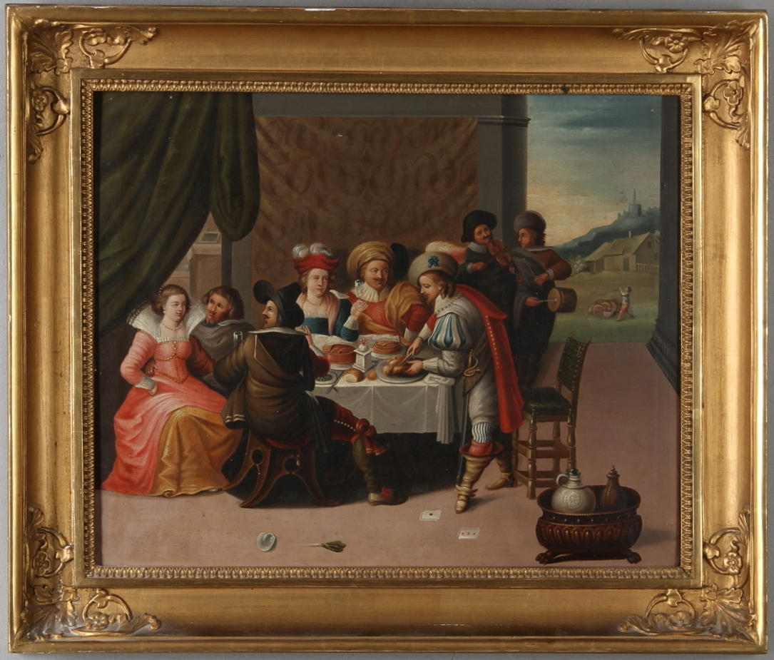 OIDENTIFIERAD KONSTNÄR. Sällskap vid matbord, olja på duk, osignerad 1800-tal.
