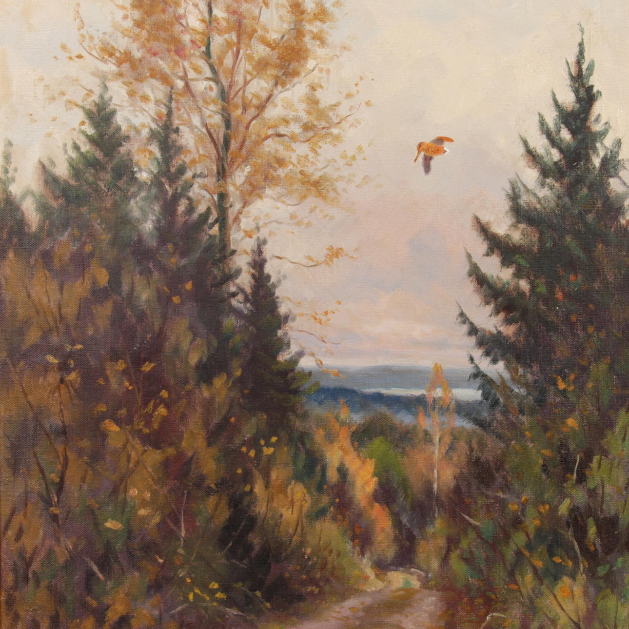 HENNING HOUGAARD. Olja på duk,fågel över sluttande skogsstig, signerad.