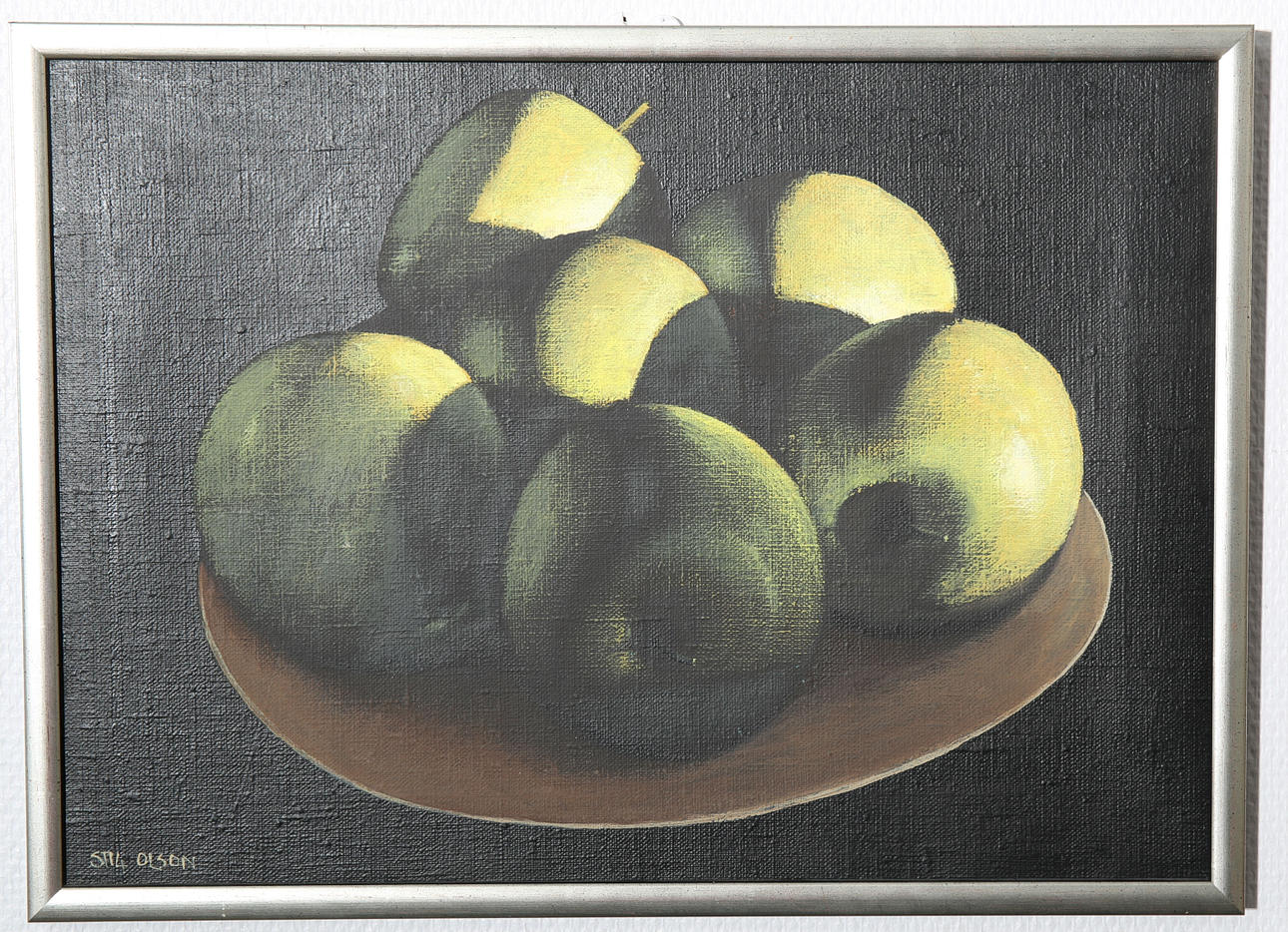 STIG OLSON. Olja på duk, Stilleben med äpplen, signerad.