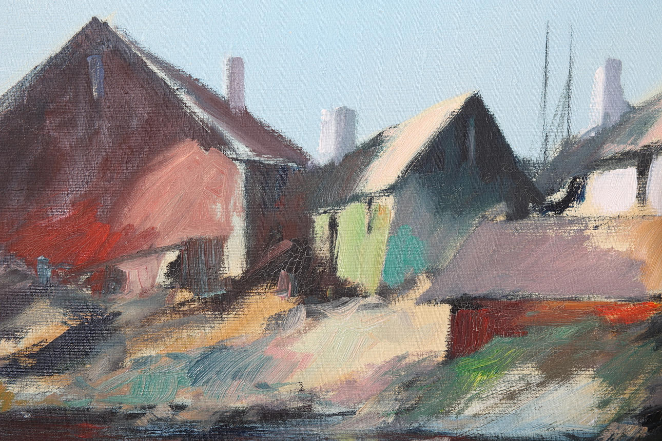 LARS HALL. Olja på duk, Fiskehyddor, signerad. Konst - Måleri - Auctionet