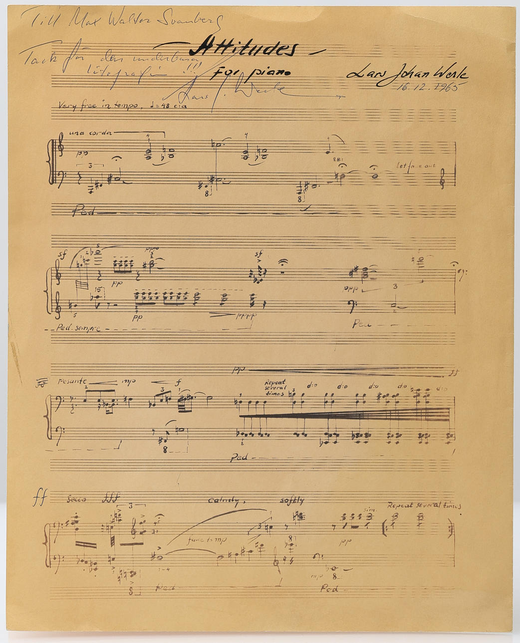 NOTEBLAD, “Attitudes”, with dedication from Lars Johan Werle to Max Walter Svanberg, dated 16.12.1965.