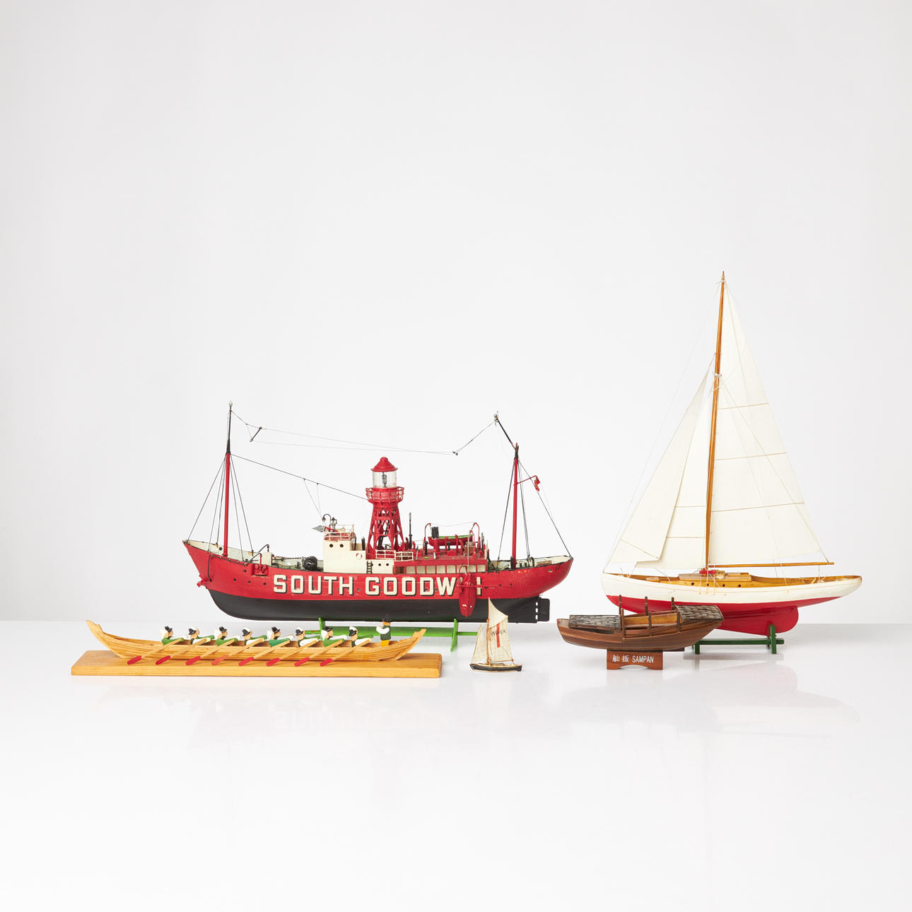 BOAT MODELS, 5 pcs, various models, painted wood, painted plastic, with ...
