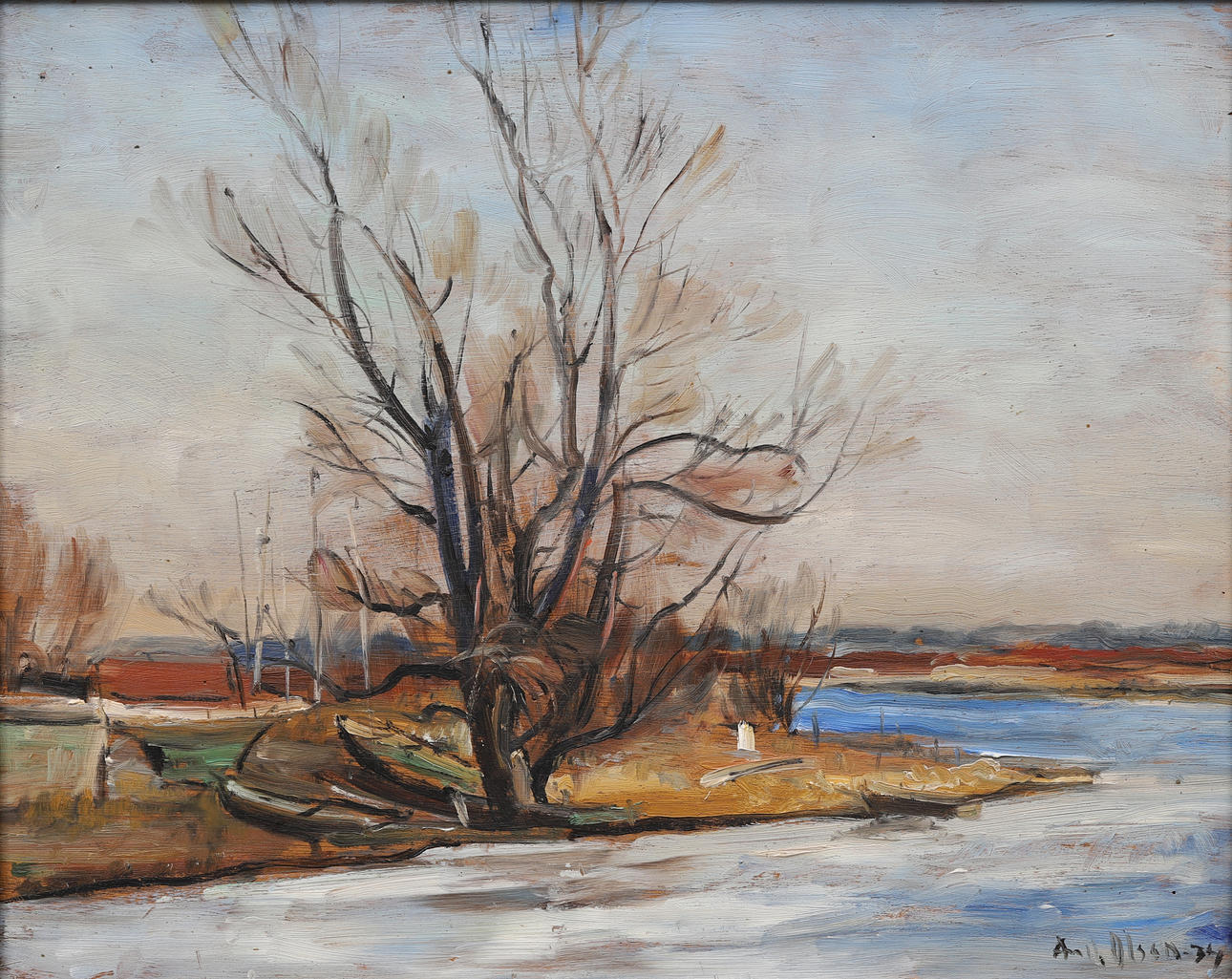 ANDERS OLSON. “Heljeåns ininlet”, oil on panel, signed and dated -34.