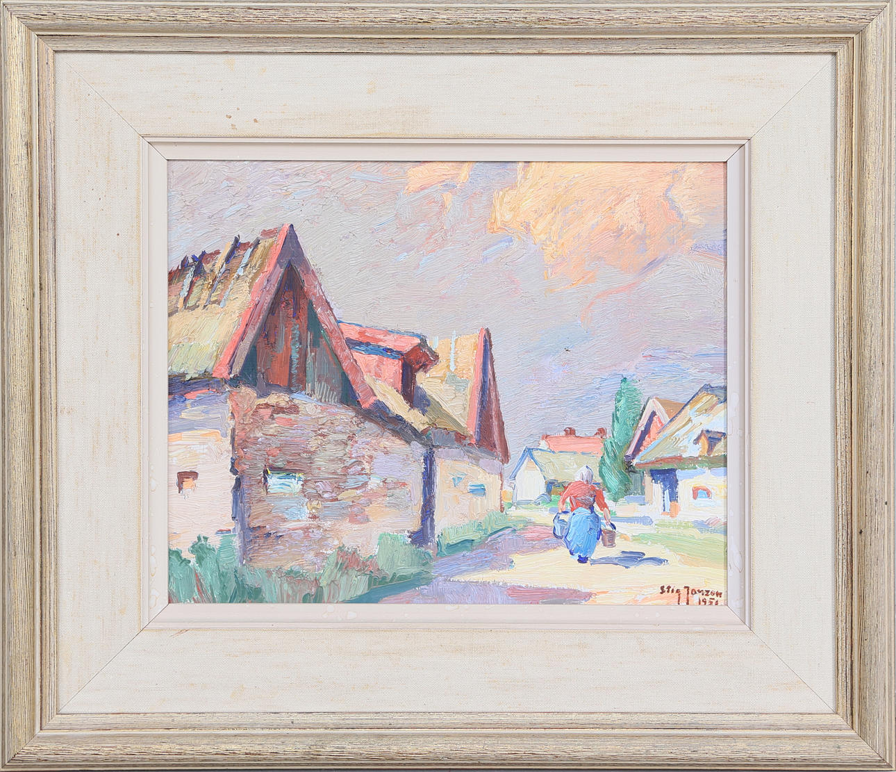 STIG JONZON. "Bygata Stora Frö Vickleby", olja på pannå, signerad.