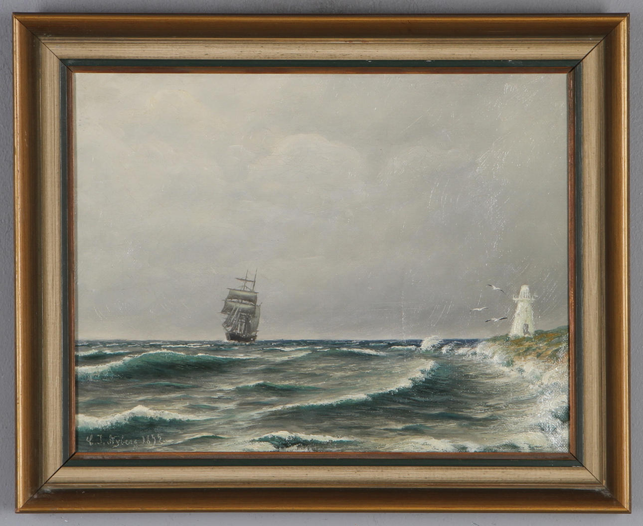 OKÄND KONSTNÄR. Kustlandskap med skepp, olja på duk, signerad C J Nyberg samt daterad 1892.