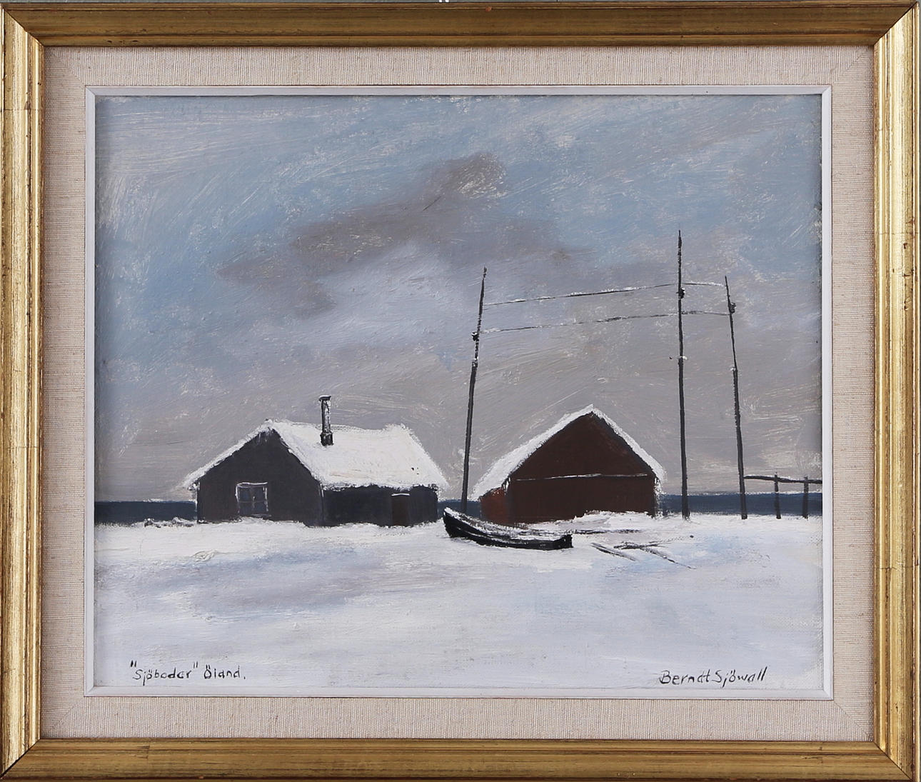 BERNDT SJÖWALL. "Sjöbodar" Öland, olja på pannå, signerad.