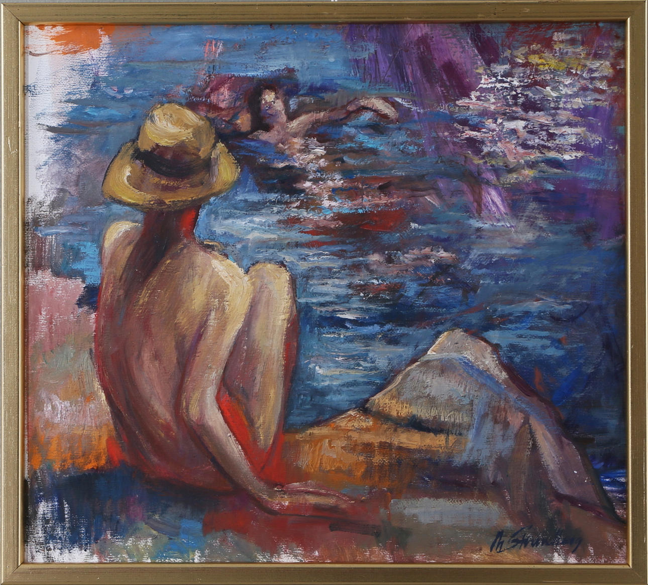 MONICA STRANDBERG. "Vid badet", olja på duk, signerad.