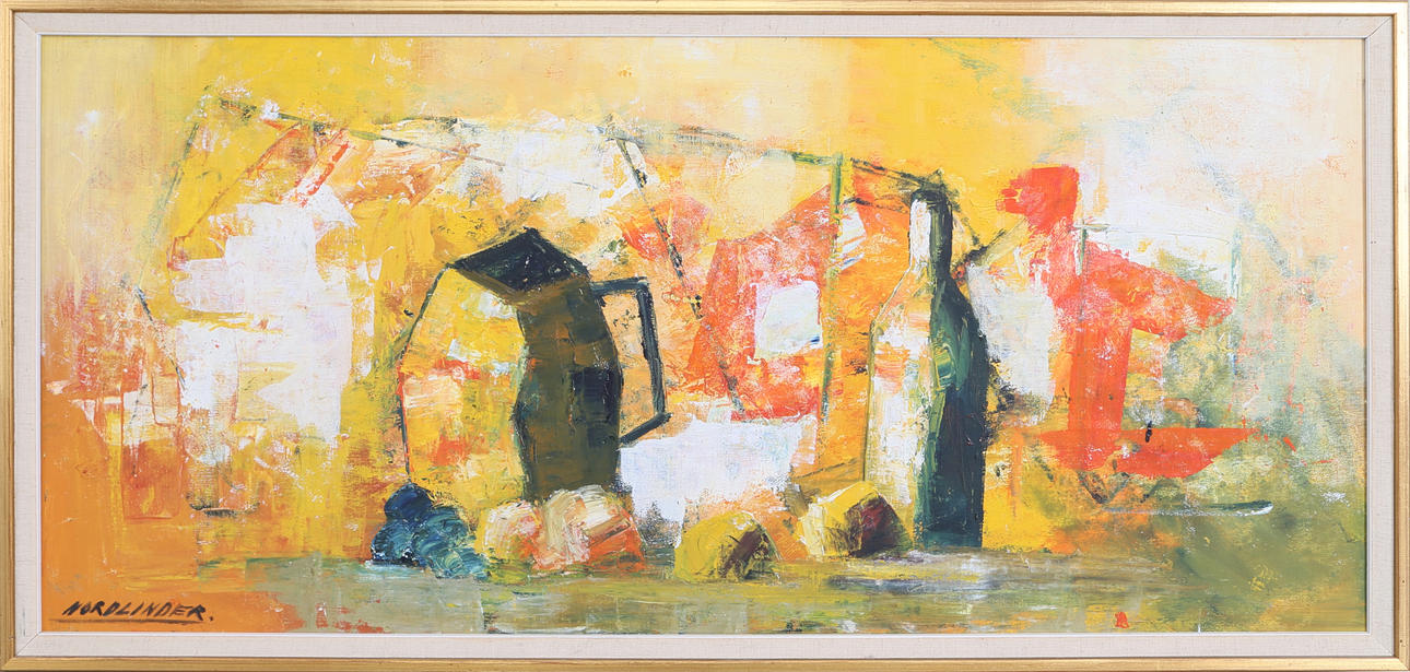 STIG NORDLINDER. Stilleben med flaskor, olja på duk, signerad.