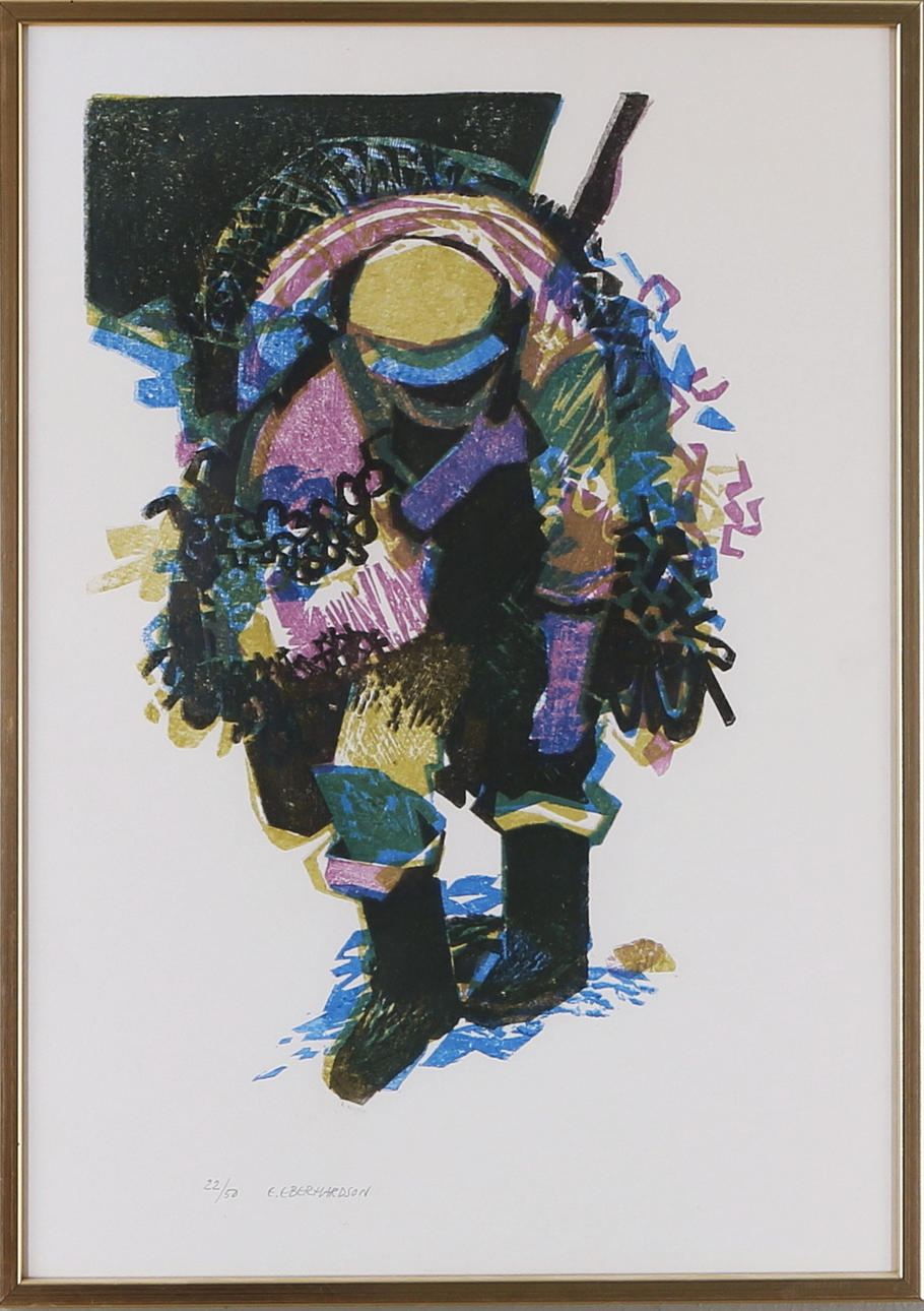 EBBE EBERHARDSSON. "Nätbärare", färglitografi, numrerad 22/50, signerad.