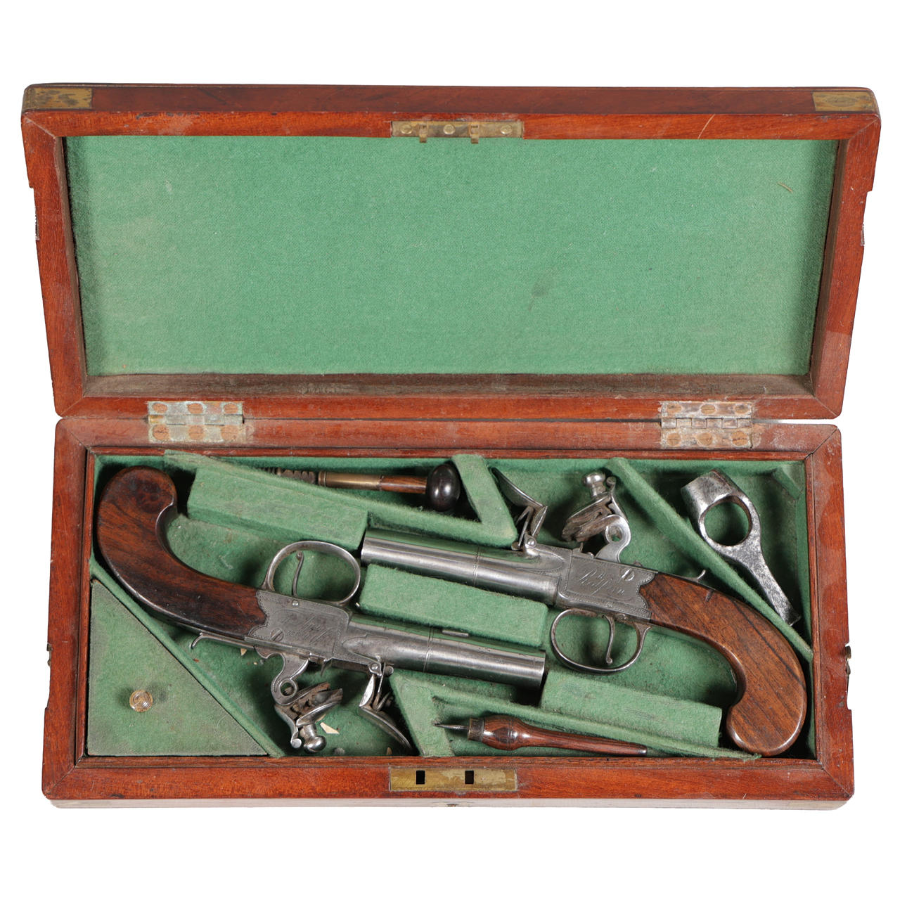 CASED PAIR OF FLINTLOCK BOX-LOCK POCKET PISTOLS, ATTRIBUTED. Weapons ...
