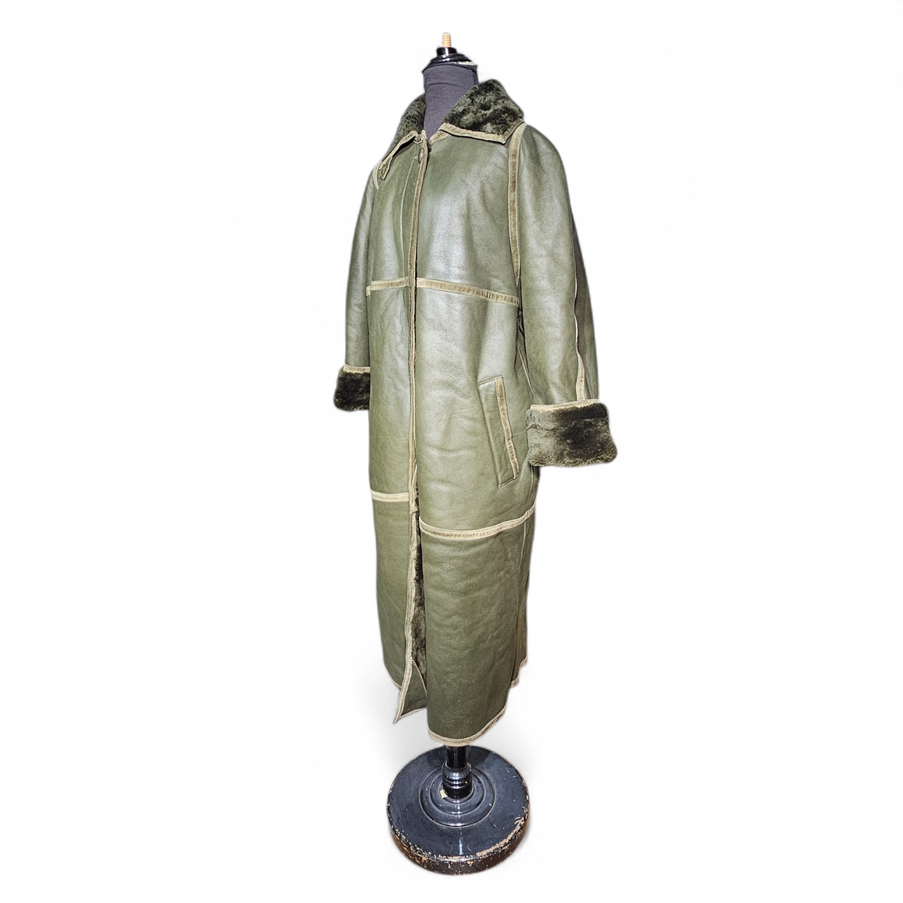 CELINE. Double-sided long coat in green nappa leather. Vintage