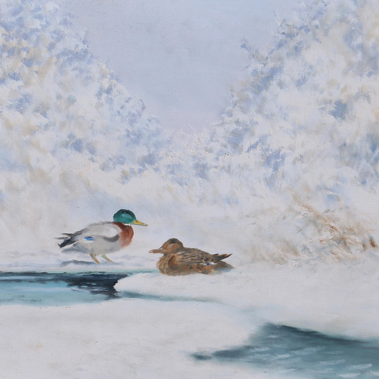 HENNING HOUGAARD. Olja på duk, änder vid fruset vatten, signerad.