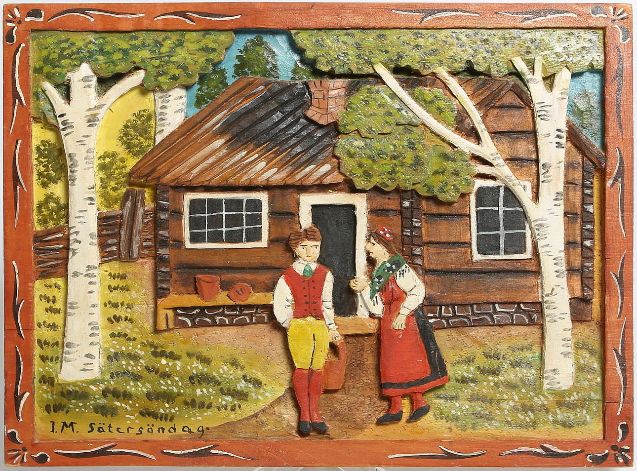 IDA MALM. Trärelief, "Sätersöndag", signerad och daterad, Bergsjö. 1900-talets mitt.