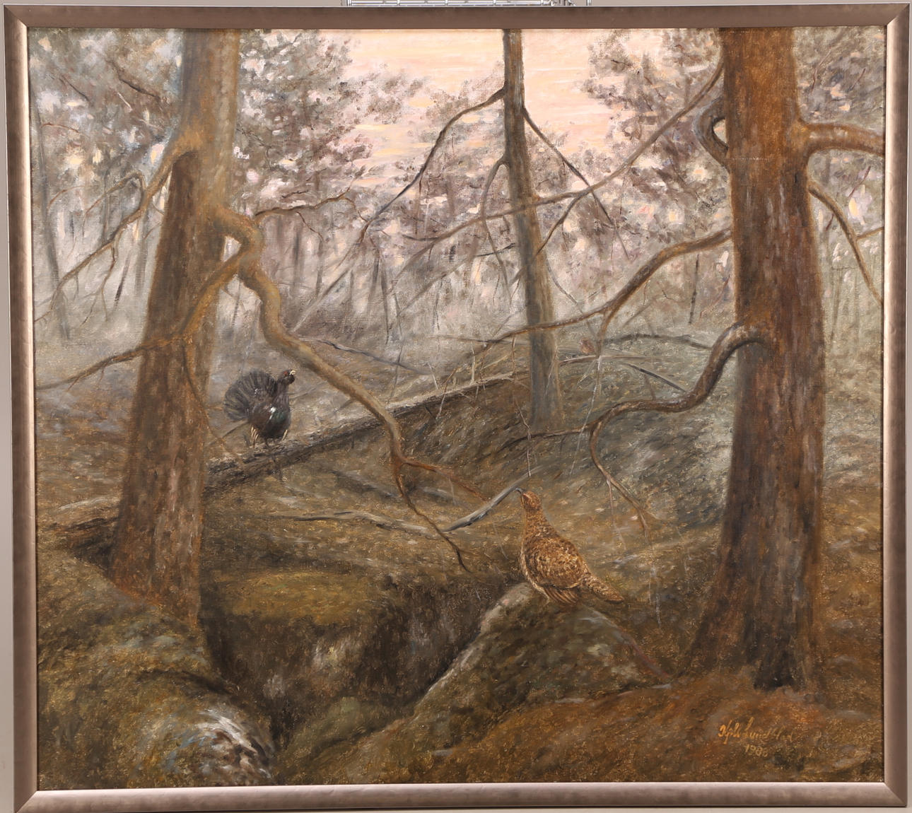 KJELL LUNDBLAD. TAVLA, olja duk, signerad Kjell Lundblad 1988, tjäderspel.