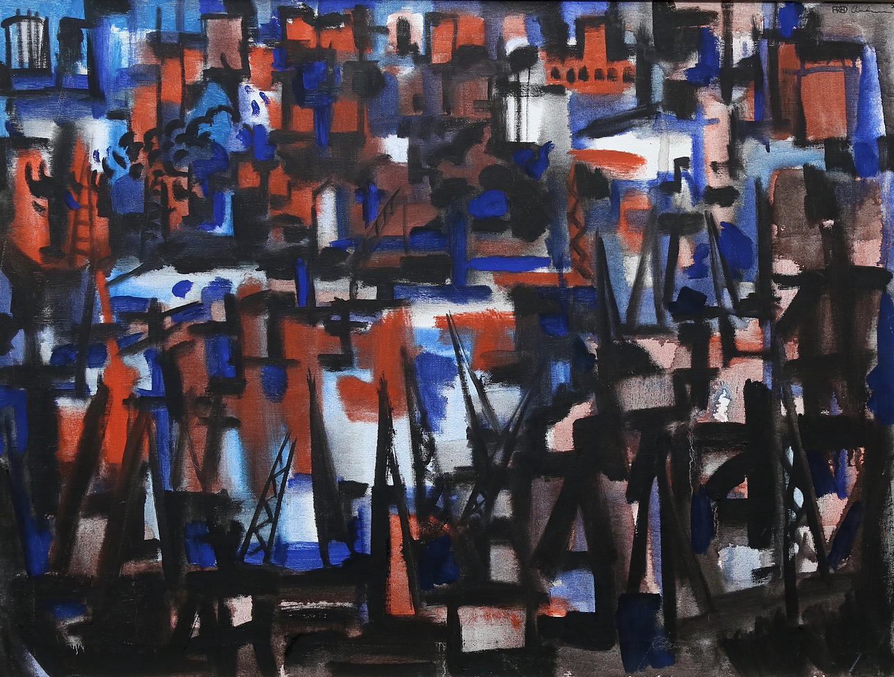 FRED ANDERSSON. olja på duk, ''Hamn'', signerad och daterad 58.