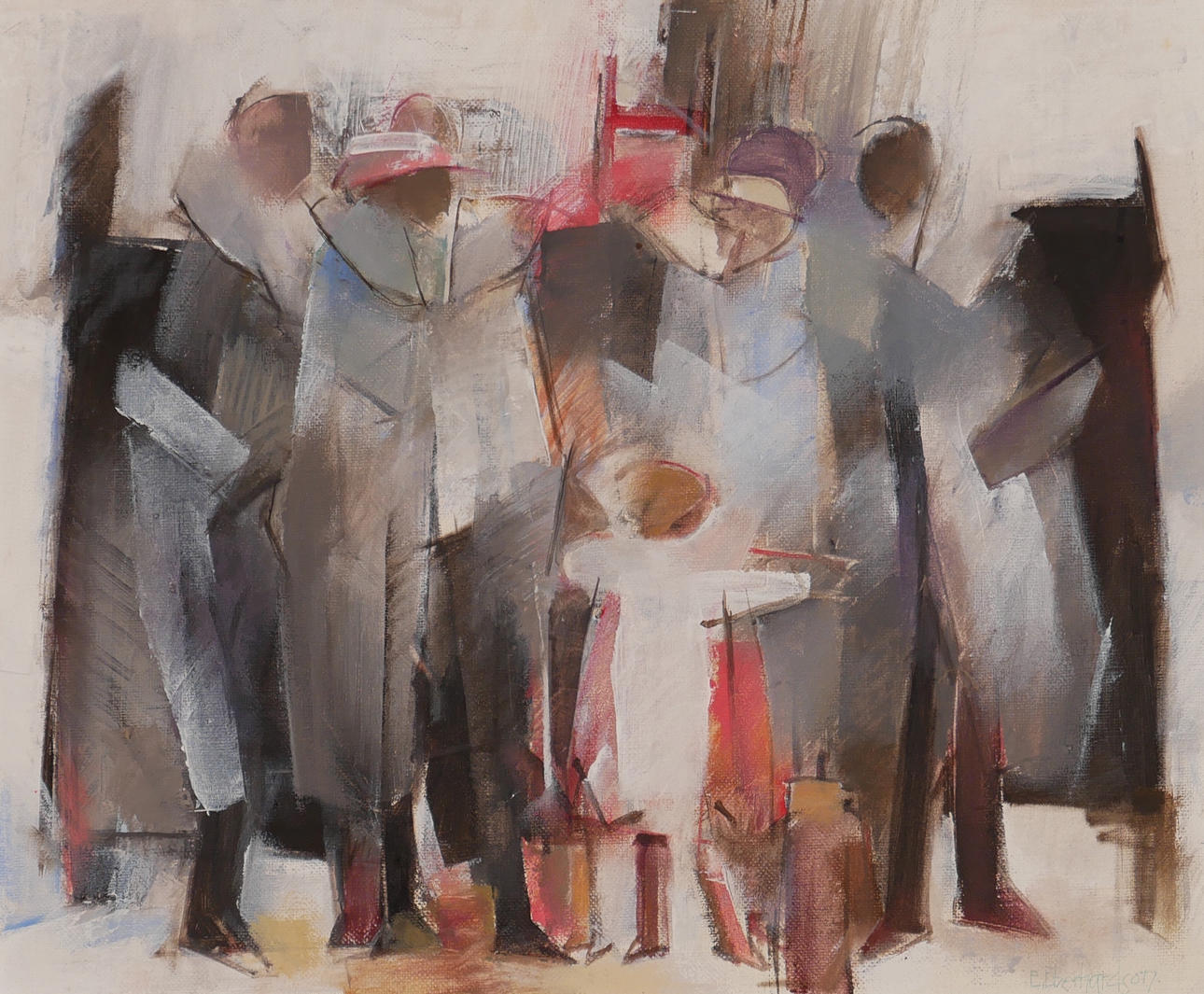 EBBE EBERHARDSON. “Waiting for the wooden bus”, oil on panel, signed E Eber.