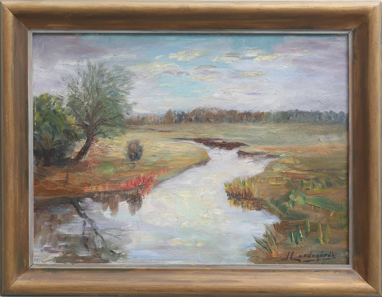 JOEL LUNDEGÅRDH. Vattendrag vid äng. Olja på duk, signerad.