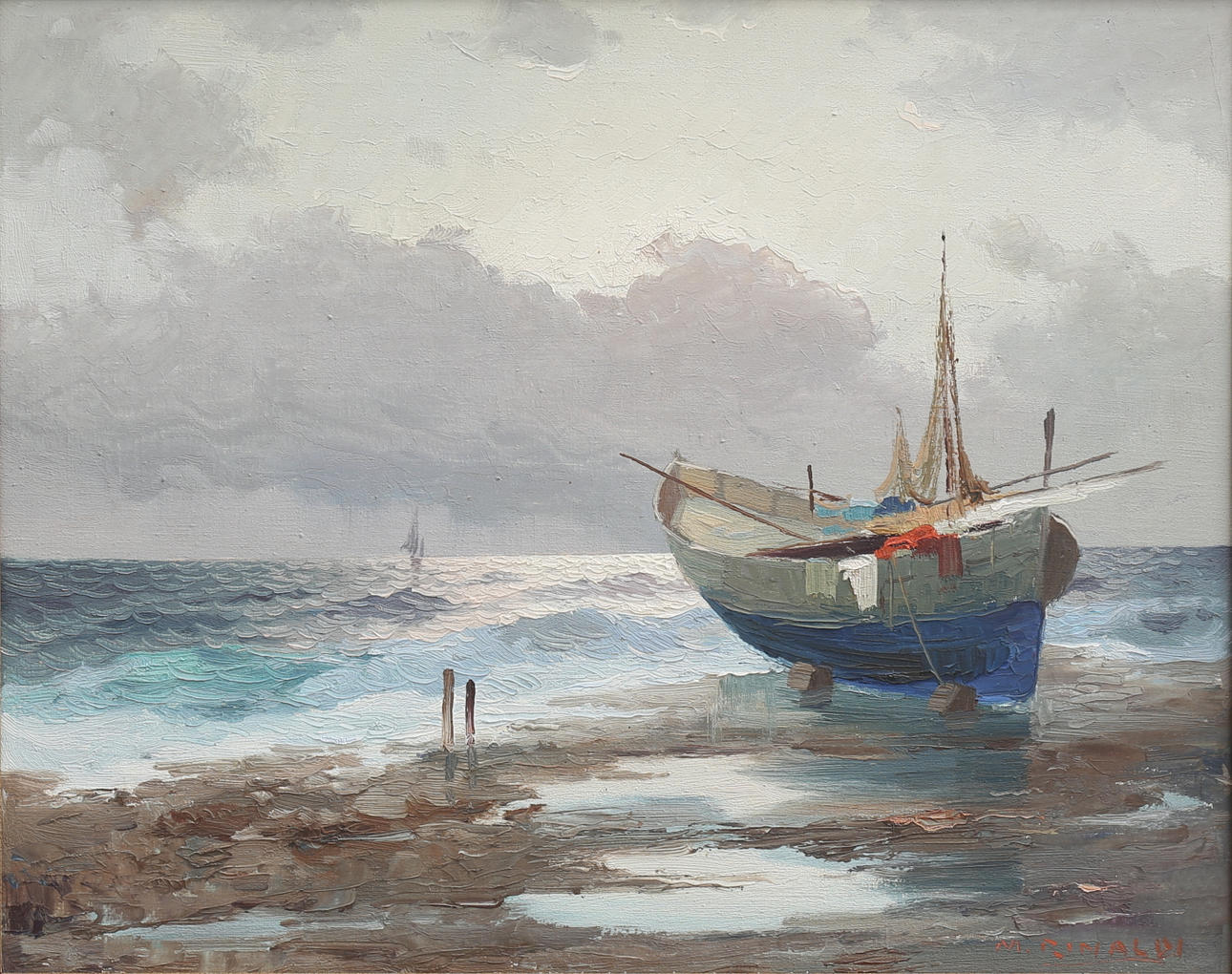 M. RINALDI. Kustmotiv med fiskebåt. Olja på duk, signerad.