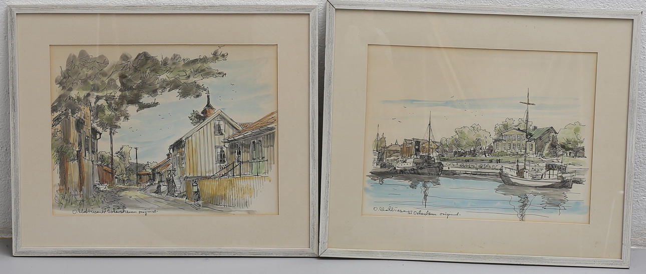 OVE MATHIESEN. Oskarshamnsmotiv, 2 st, akvareller, signerade och daterade 67.