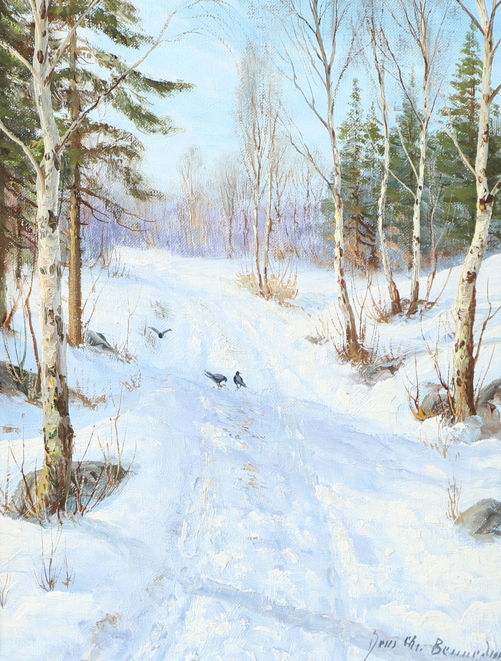 JENS CHRISTIAN BENNEDSEN. Vinbterväg med fåglar, olja på duk, signerad.