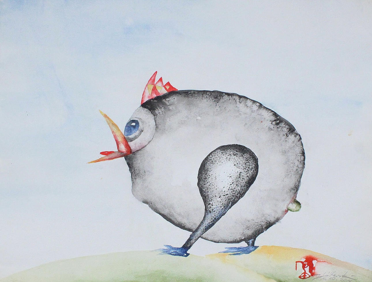 BLÄTTERSTEIN. 'Grey Chick', 2016, watercolor, signed.