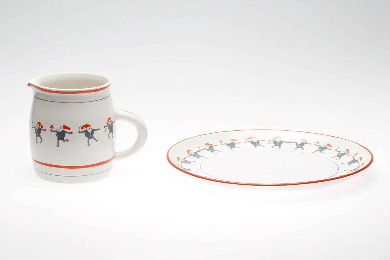 KANNA OCH UPPLÄGGNINGSFAT, flintgods, "Hej tomtegubbar", Upsala Ekeby.