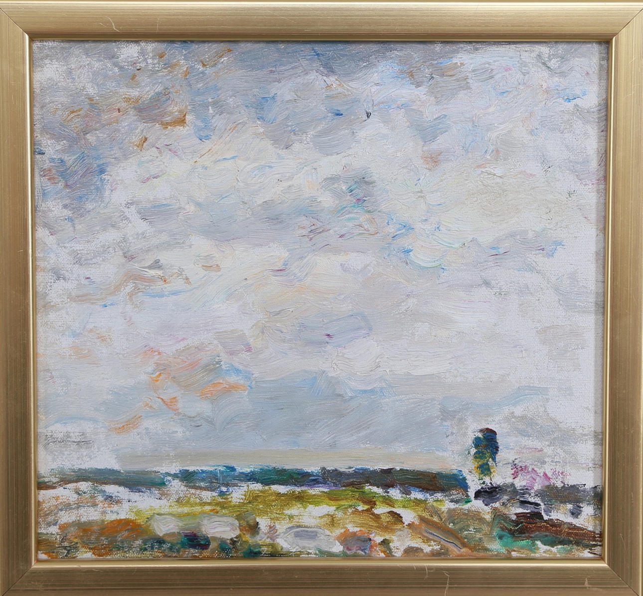 SVEN SVENSSON. "Alvaret under ljusa moln", olja på pannå, signerad.