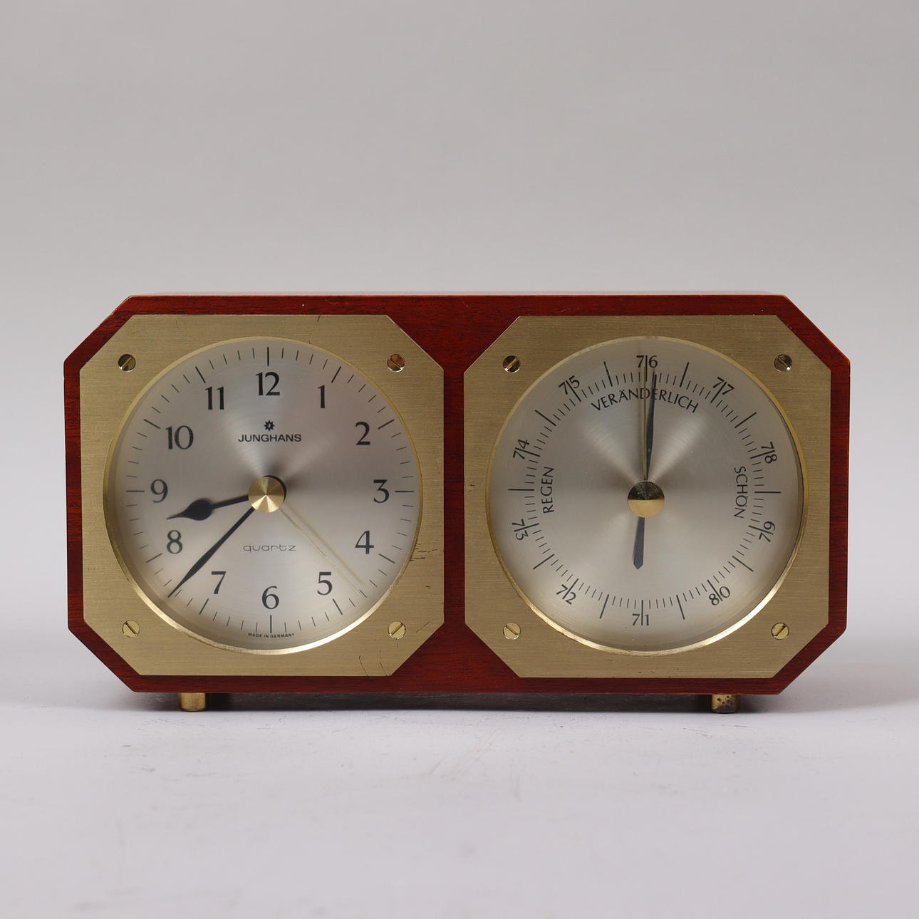 TABLE CLOCK, Junghans, clock and barometer, teak and brass.