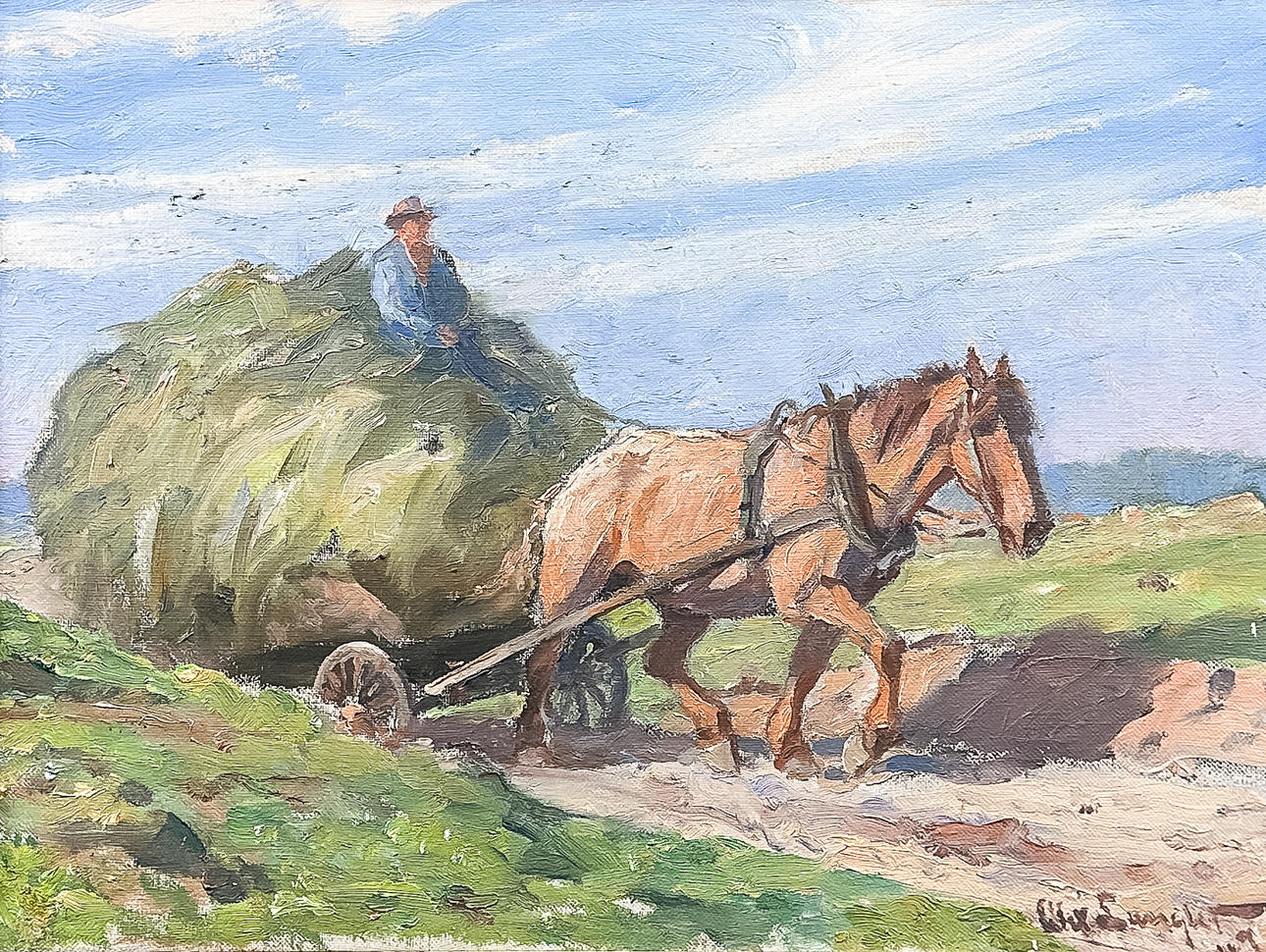 ALEXANDER LANGLET. OIL ON CANVAS, “Hötransport”, signed, dated-49.