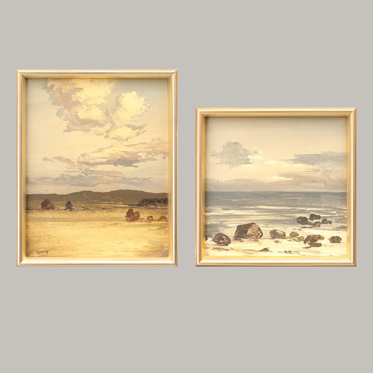 AGNE ARONSSON. Parti tavlor, 2 st, landskap och strandmotiv, olja på pannåer, sigerade Agne A.