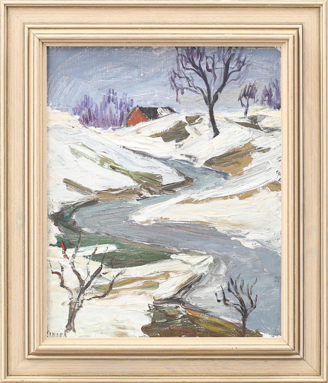 INGEGERD LINDER. Vintrigt Österlen, olja på duk, signerad Linder.