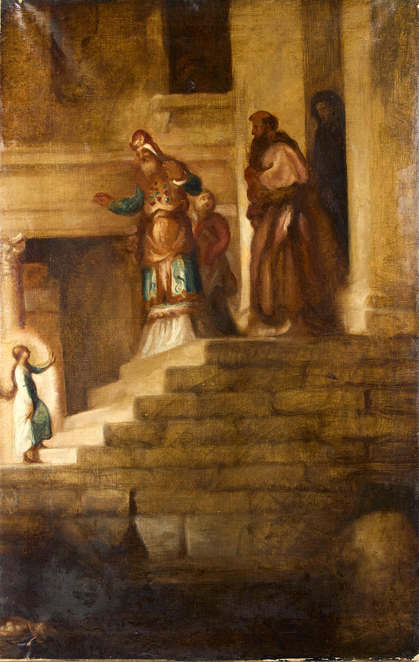 OKÄND KONSTNÄR. Figurscen vid trapp.