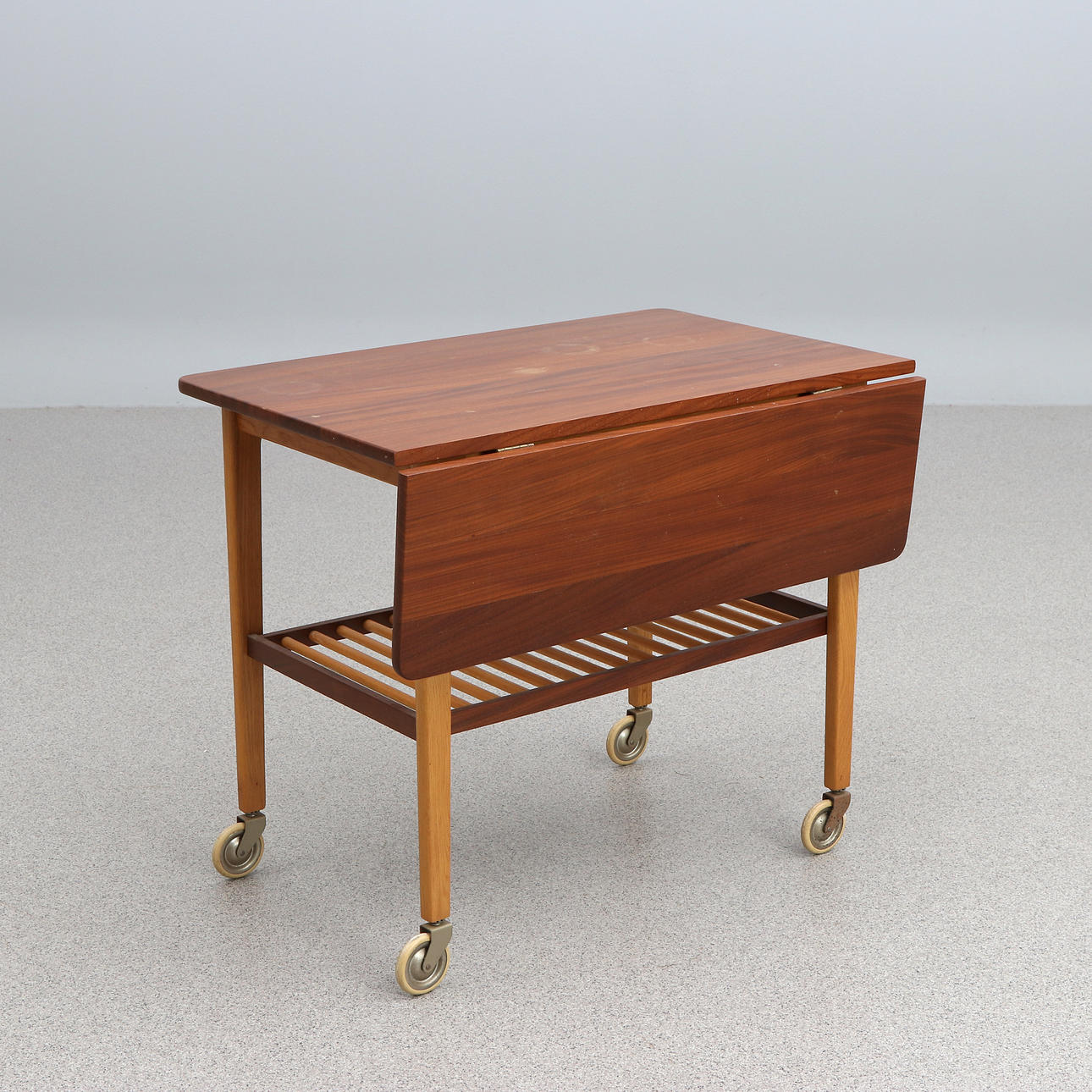 SERVING TROLLEY. Teak and oak. 1960s. Unmarked.