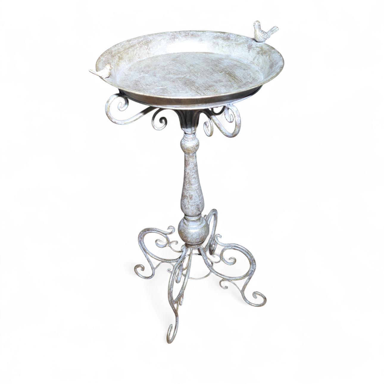 Silver metal bird drinker.