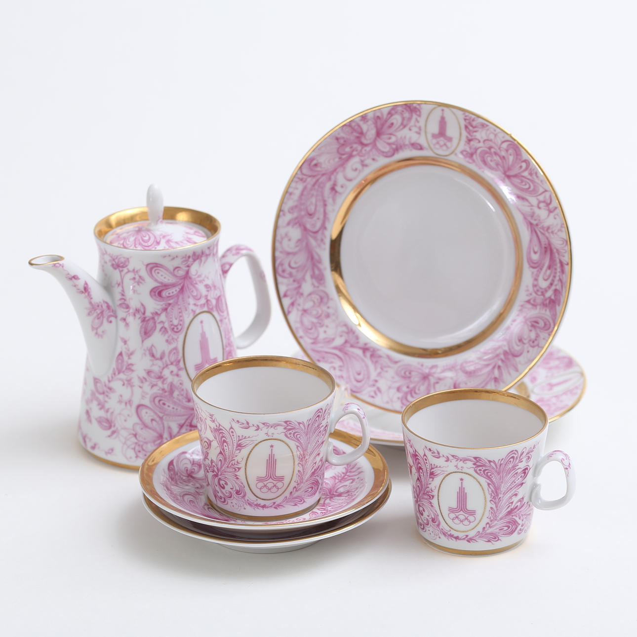 A set of 7 Lomonosov porcelain coffee sets, Moscow Olympics, 1980