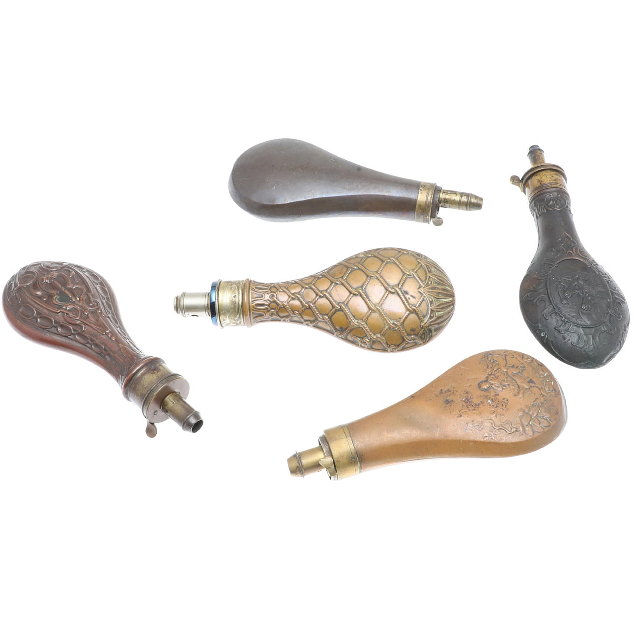 A COLLECTION OF FIVE 19TH CENTURY AND LATER POWDER FLASKS. Weapons ...