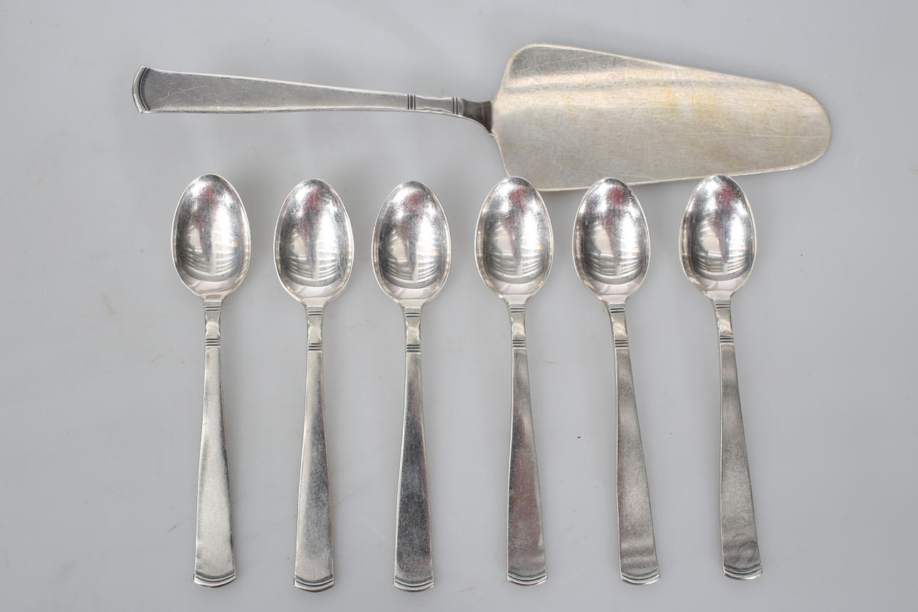 TÅRTSPADE OCH KAFFESKEDAR, silver, "Rosenholm", 7 delar, 152,3 gram.