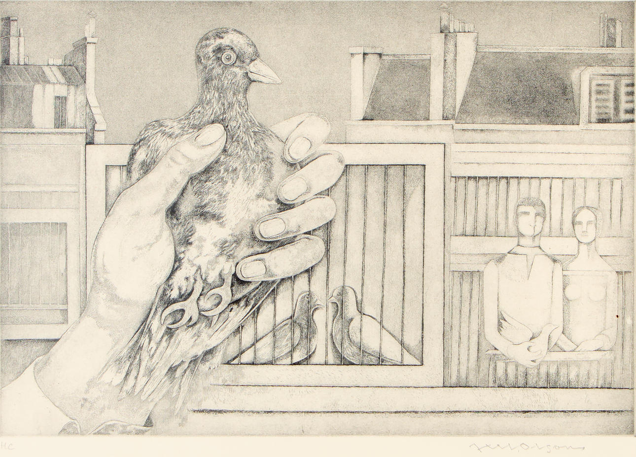 AXEL OLSON. Komposition med duvor.