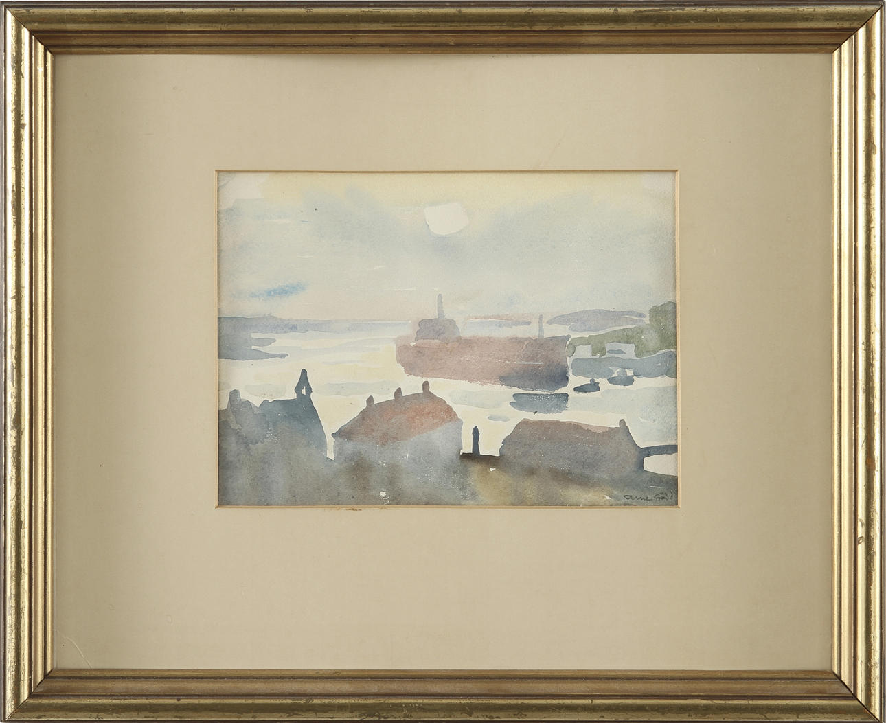 ARNE GADD. Akvarell, signerad. Hamnbild.