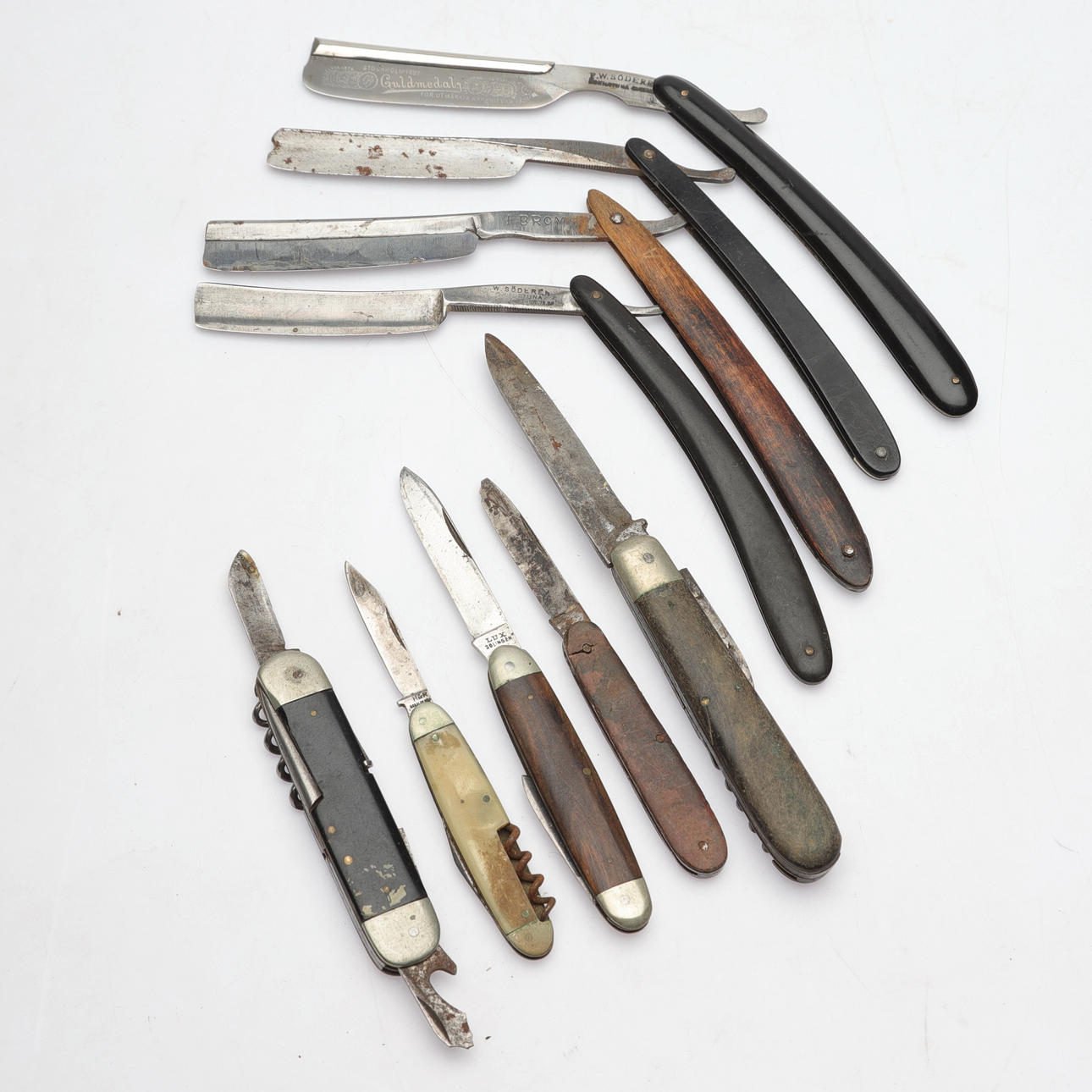 FOLDING/RAZOR KNIVES, 9 pcs, b.la. W. Söderén, Eskilstuna, 18th/20th ...