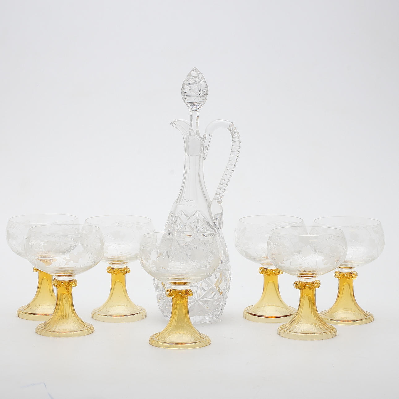 CHAMPAGNEGLAS, 7 st, samt KARAFF MED PROPP, glas/kristall, 1900-tal.