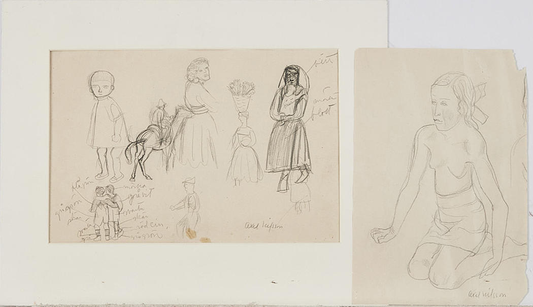 AXEL NILSSON. Teckningar, 2 stycken, blyerts, personstudier tecknade på båda sidor av pappret, signerade.