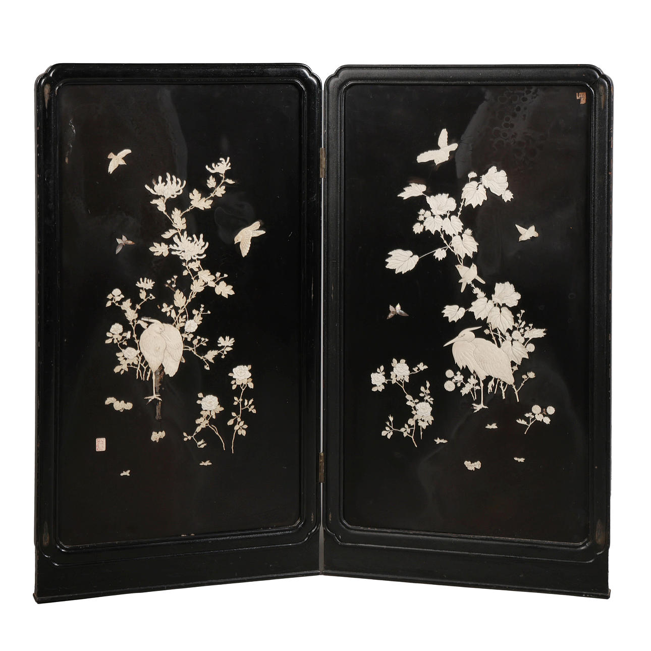 A JAPANESE EBONISED, IVORY AND MOTHER OF PEARL DECORATED TWO FOLD ...