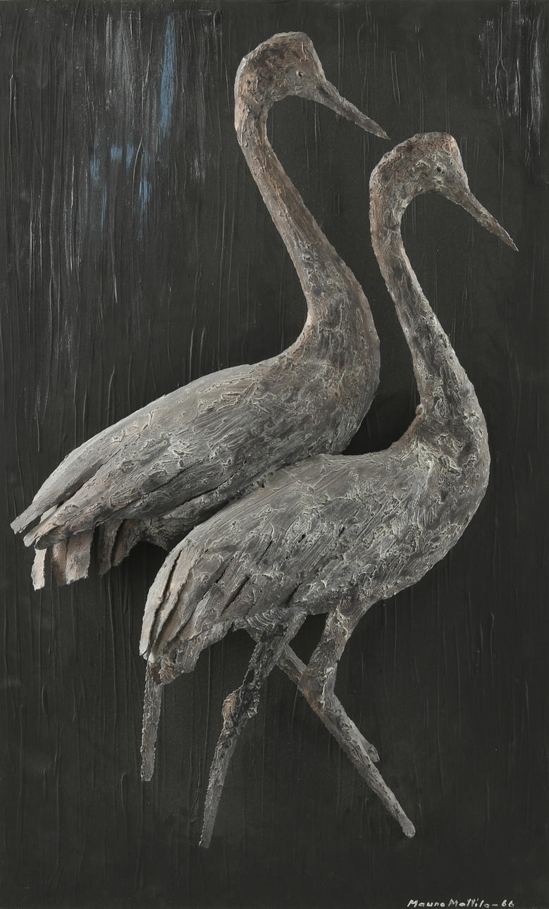 MAUNO MATTILA. Väggrelief, metall, signerad -66. Tranor.