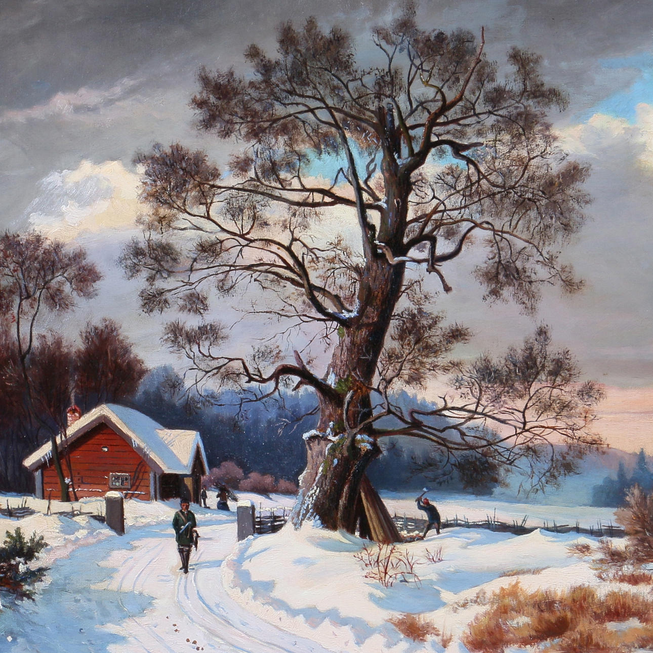 ANNA JULIA KOCKUM. Olja på duk, jägare i vinterlandskap, signerad samt daterad 1884.