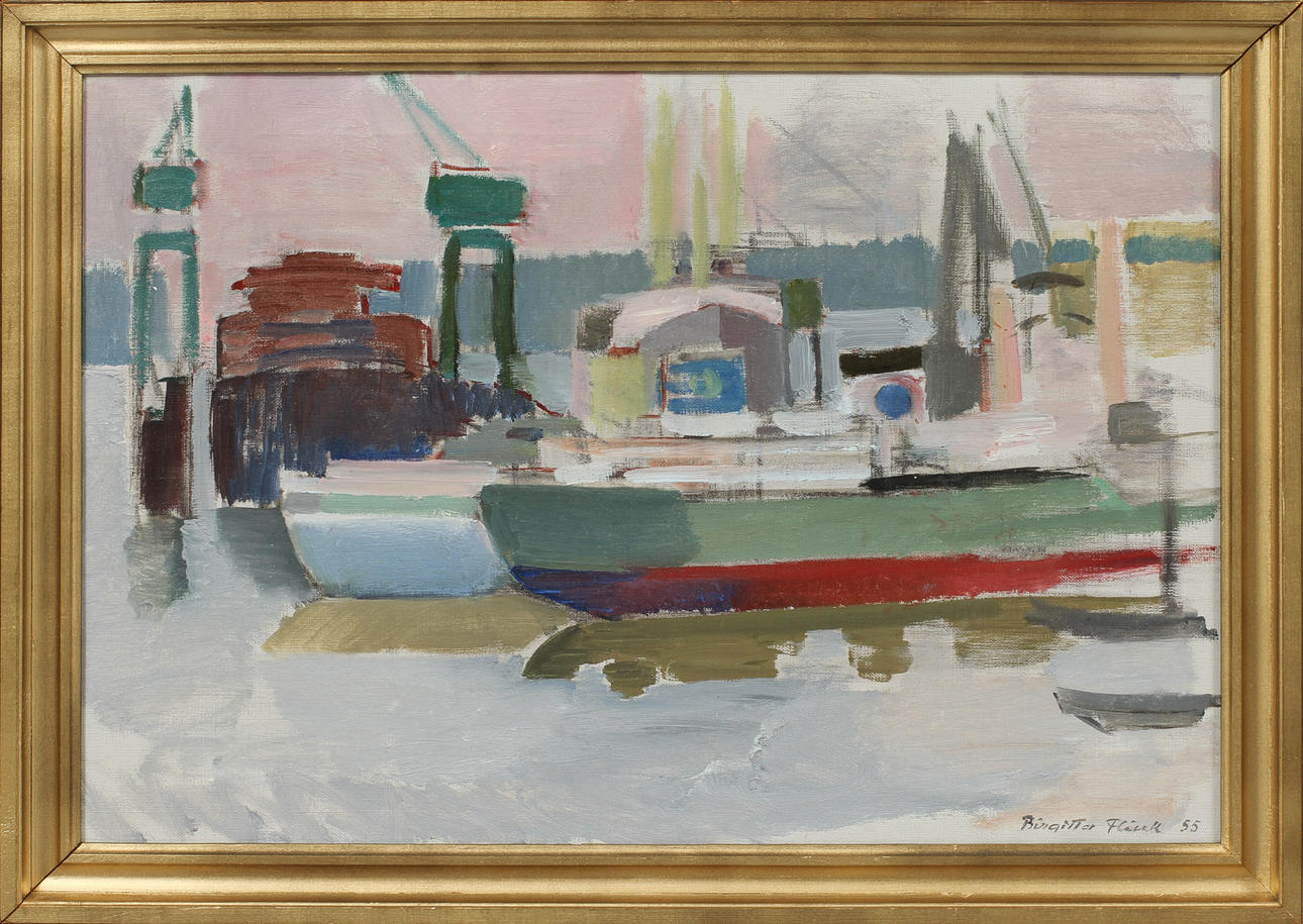 BIRGITTA FLINK. Göteborgs hamn, olja på duk, signerad och daterad 55.