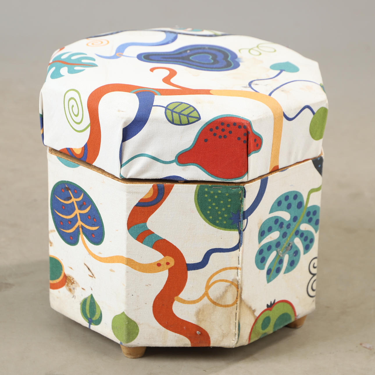 A textile upholstered sewing stool, first half of the 20th century ...