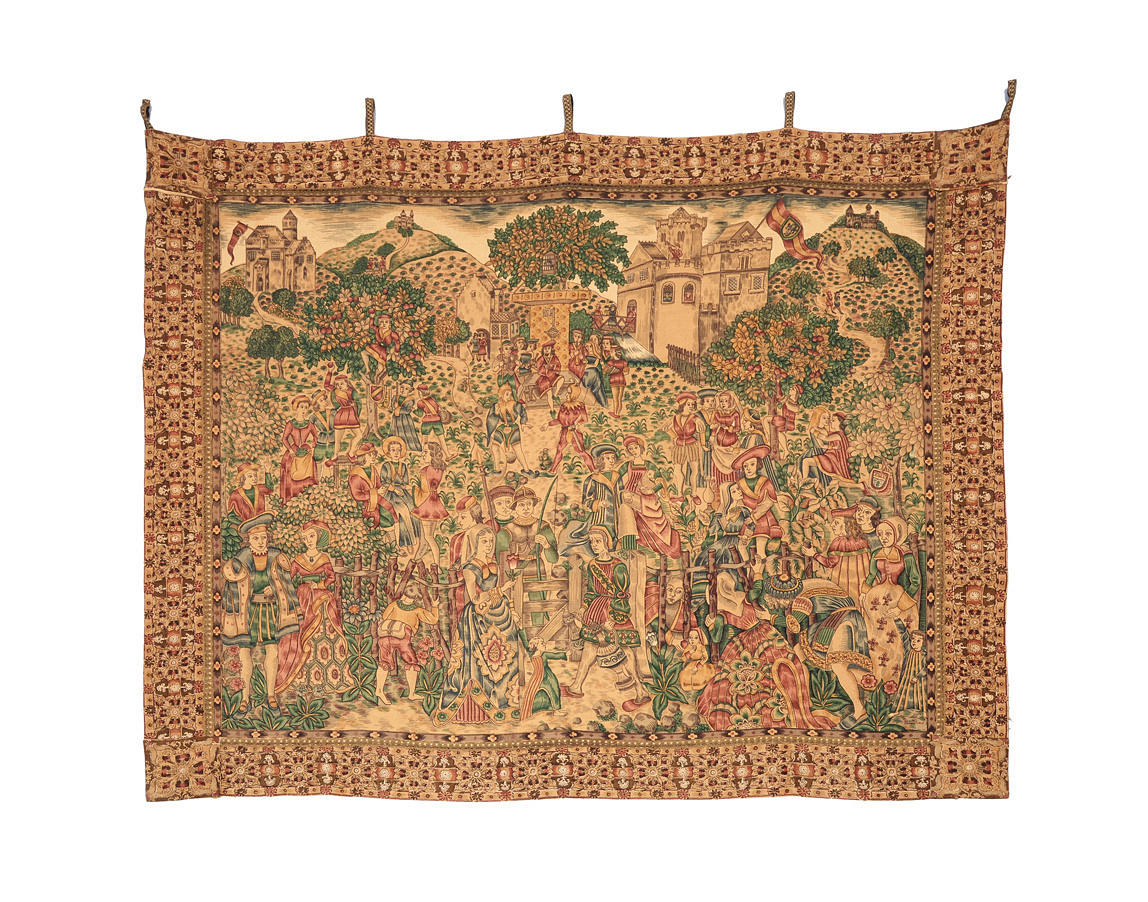GOBELÄNG. Vägghängande med en flersiffrig medeltida scen.