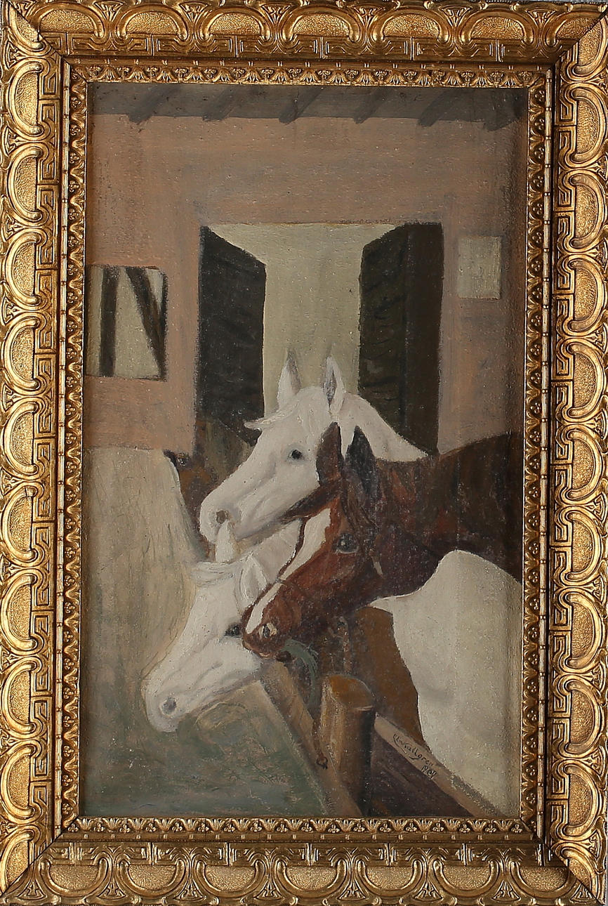 OIDENTIFIERAD KONSTNÄR. Hästar i stall, olja på duk, signerad samt daterad E.Em Källgren 1904.