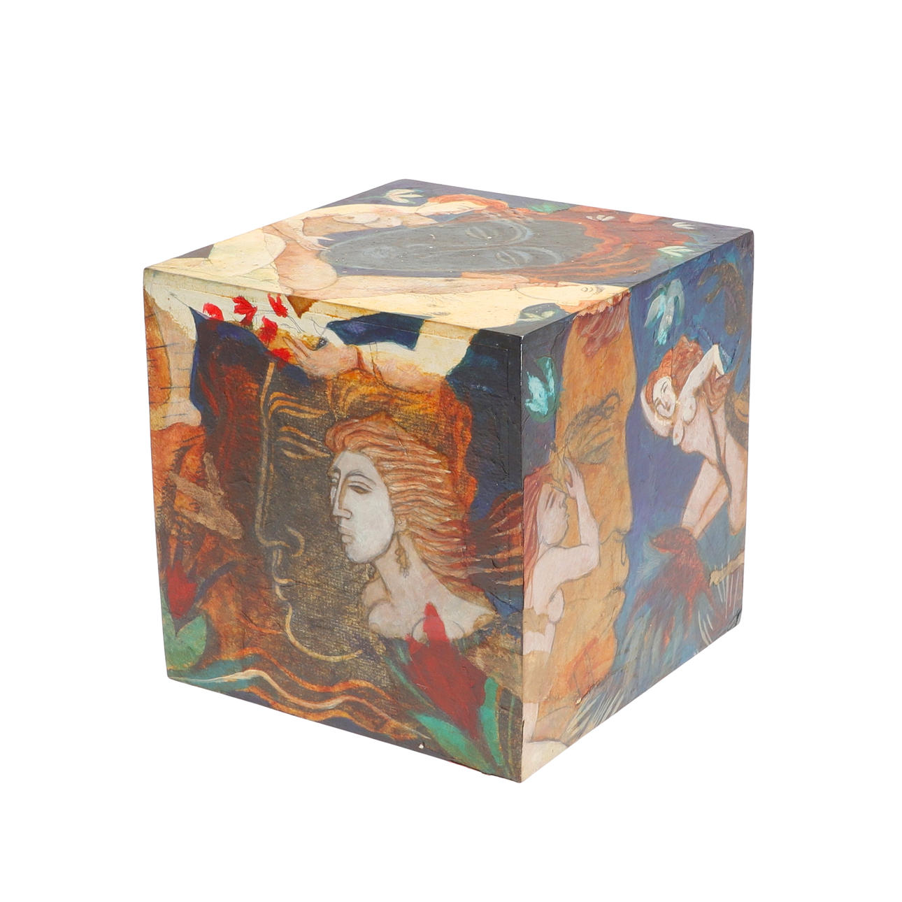 PHYLLIS MAHON (20THC). PAINTED WOODEN CUBE.